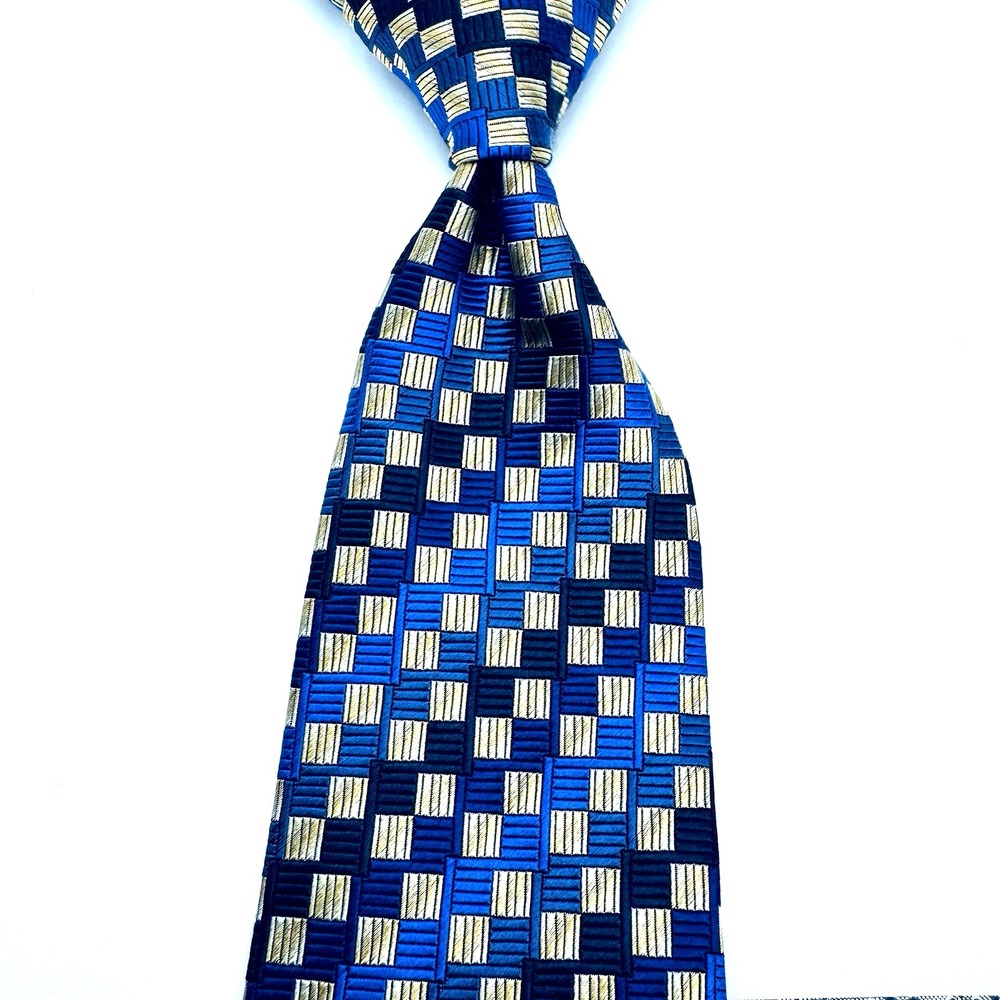 XMI Silk Tie Men 60x4 Blue Gold Gingham Hand Made Jacquard USA